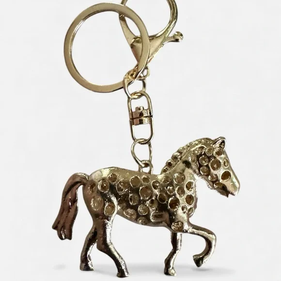 Rhinestone Horse Keychain | Sparkly Gold Bag Charm | Equestrian Accessory - Picture 2 of 3